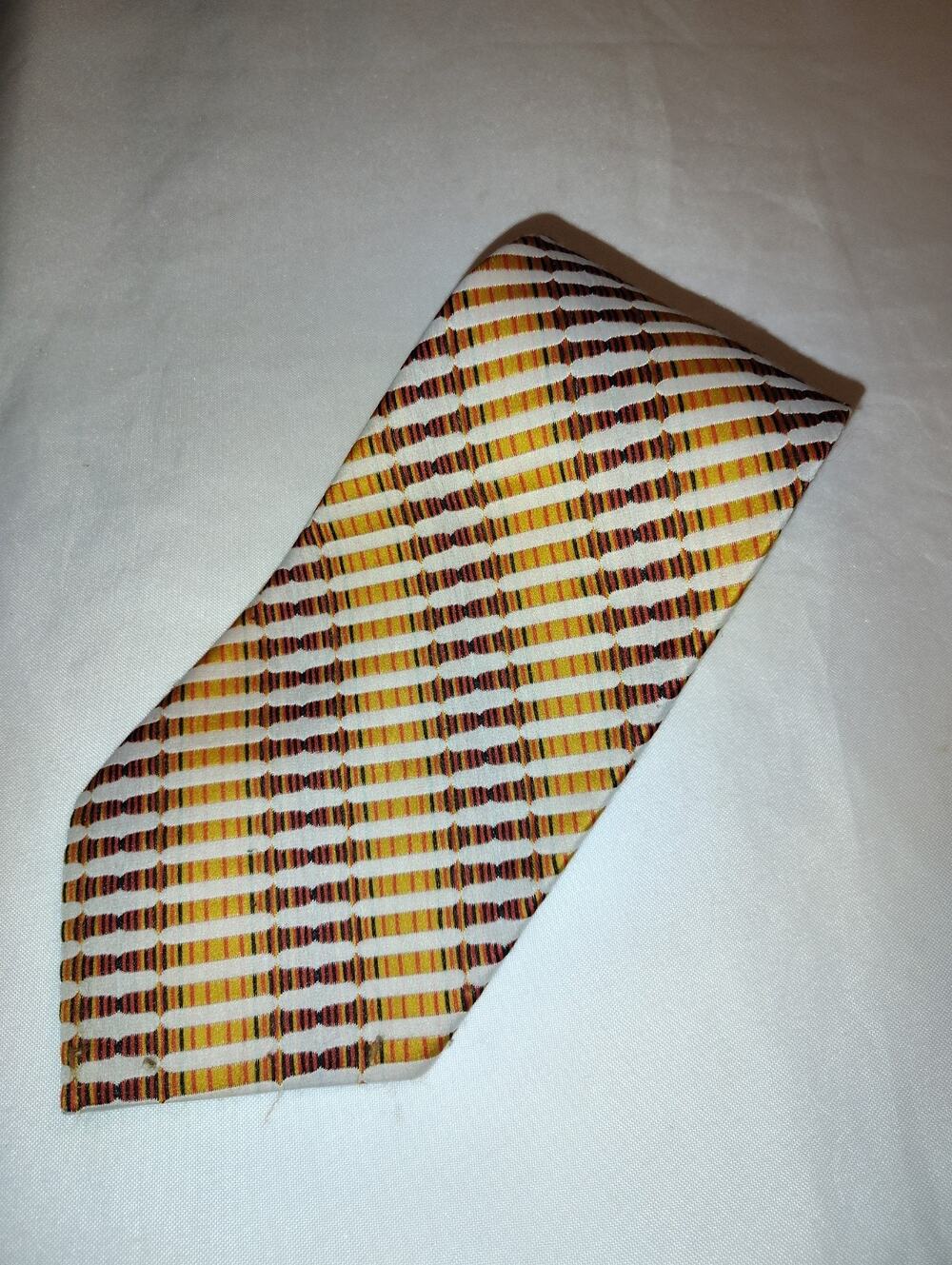 Vintage 1970s Polyester Latimer Geometric Stripe Necktie Brown Gold White